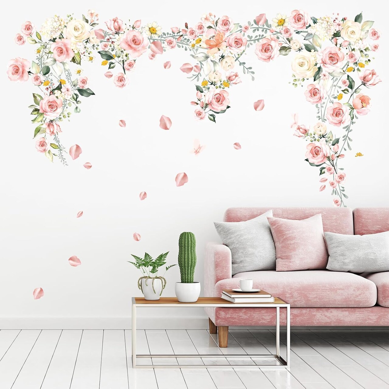 Pink Rose Hanging Vine Wall Decals – Floral Stickers for Nursery, Bedroom & Living Room, 14.17"x1.97"